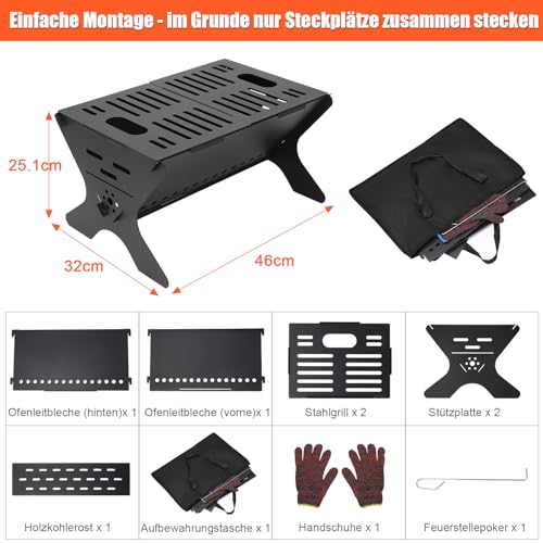 Premium Outdoor Feuerstelle Tragbare, klappbare Feuerstelle mit Kohlerost für Camping, Terrasse & Garten, inklusive Tragetasche & Handschuhe (46 x 32cm) – Bild 3