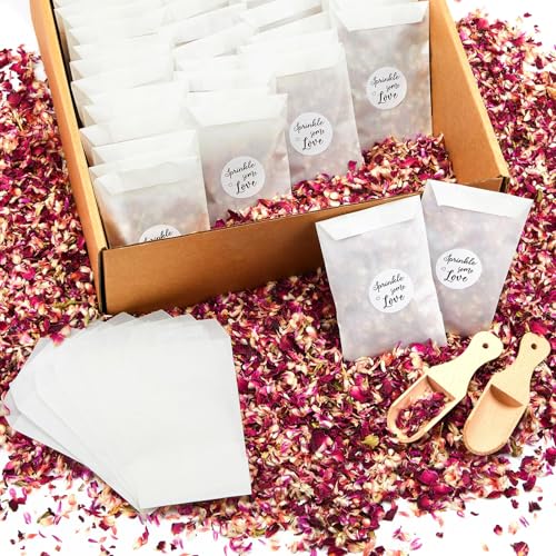 Tenare 100 Sets de Confettis de Mariage pour 95-100 Invités, Comprenant Pétales de Rose Séchés Naturels Sacs de Confettis en Verre et Autocollants Pelle en Bois et Boîte de Présentation(Simple)