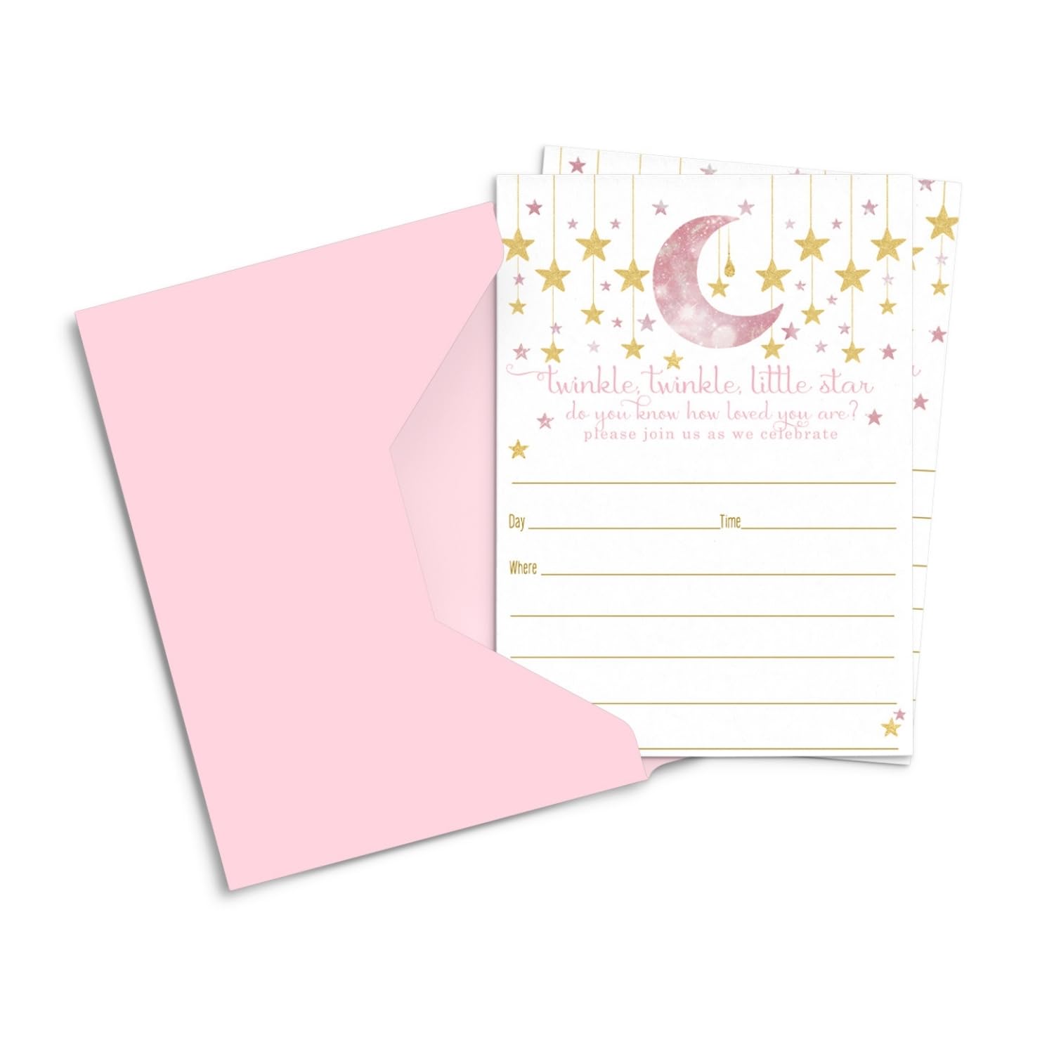 Paper Clever PartyTwinkle Little Star Invitations and Envelopes (15 Pack) Pink and Gold Girls Baby Shower, Reveal, Sprinkle – 4x6 Cards Blank DIY