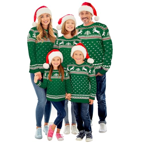 Matching Family Christmas Sweaters Ugly Knit Pullover Cute Long Sleeve Crew Neck Xmas Holiday Jumper with Hat