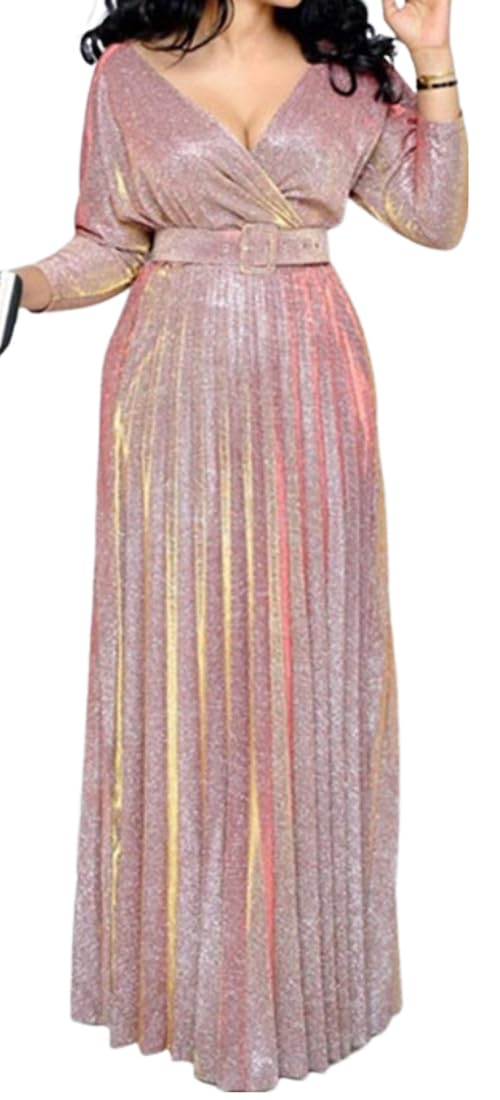 kiobrvhe Women's V Neck Pleated Long Sleeve Casual Long Dress A Line Party Prom Wedding Swing Long Skirts with Belt