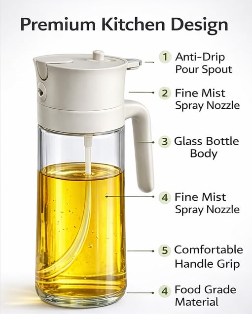 Image of Zollyss 2 in 1 Oil Dispenser and Sprayer, Glass Bottle with Fine Mist Spray Nozzle, Anti-Drip Pour Spout, Comfortable Handle Grip for Cooking and Salad (2 in 1 Oil Sprayer & Dispenser(600ml))