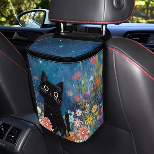 Image of Talayituse Cat Daisy Flower Print Car Trash Can Portable Auto Garbage Bin Multifunctional Vehicle Interior Accessories with Adjustable Straps Universal Fit Truck SUV Sedan