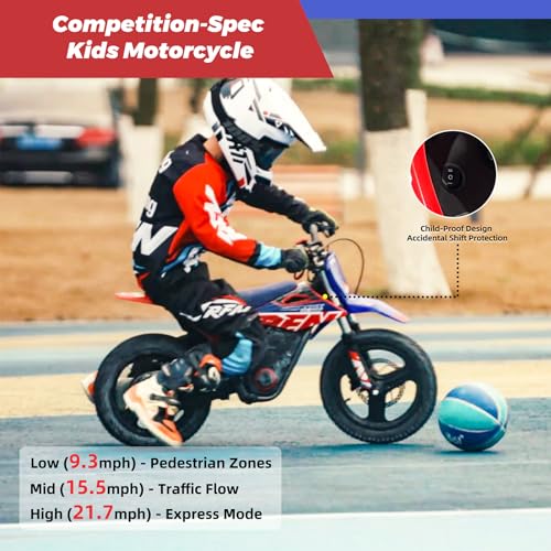 RFN E500 36V Kids Electric Dirt Bike, Electric Motorcycle with 700W Motor | 21.7 mph Max Speed, 15.5-Mile Range & 3 Speeds Off-Road Bike for Ages 4-8