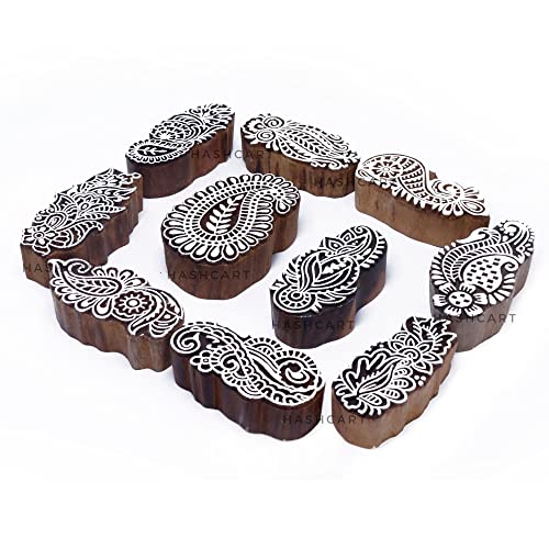 Image of Hashcart | Set of 10 | Paisely and Floral Design Wooden Blocks Stamps, Wooden Blocks for Block Printing, Craft Kids Tattoo Henna Fabric Textile Paper Clay Pottery Hand-Carved