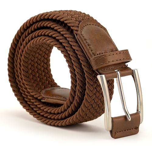 Cinturón trenzado acabado en cuero, Cinturón trenzado, Cinturón tela, Cinturones ajustable, Cinturones trenzados hombres, Cinturones trenzados mujer, Marron, 100cm