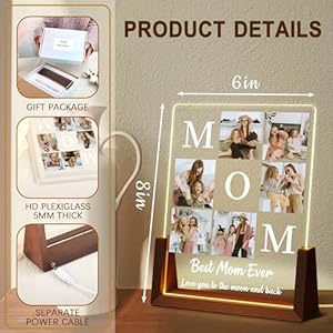 Personalized mothers day gifts for mom custom acrylic plaque printed with photos text custom walnut picture frame with led night light birthday gifts for mom wife from daughter son husband  urban country home decor