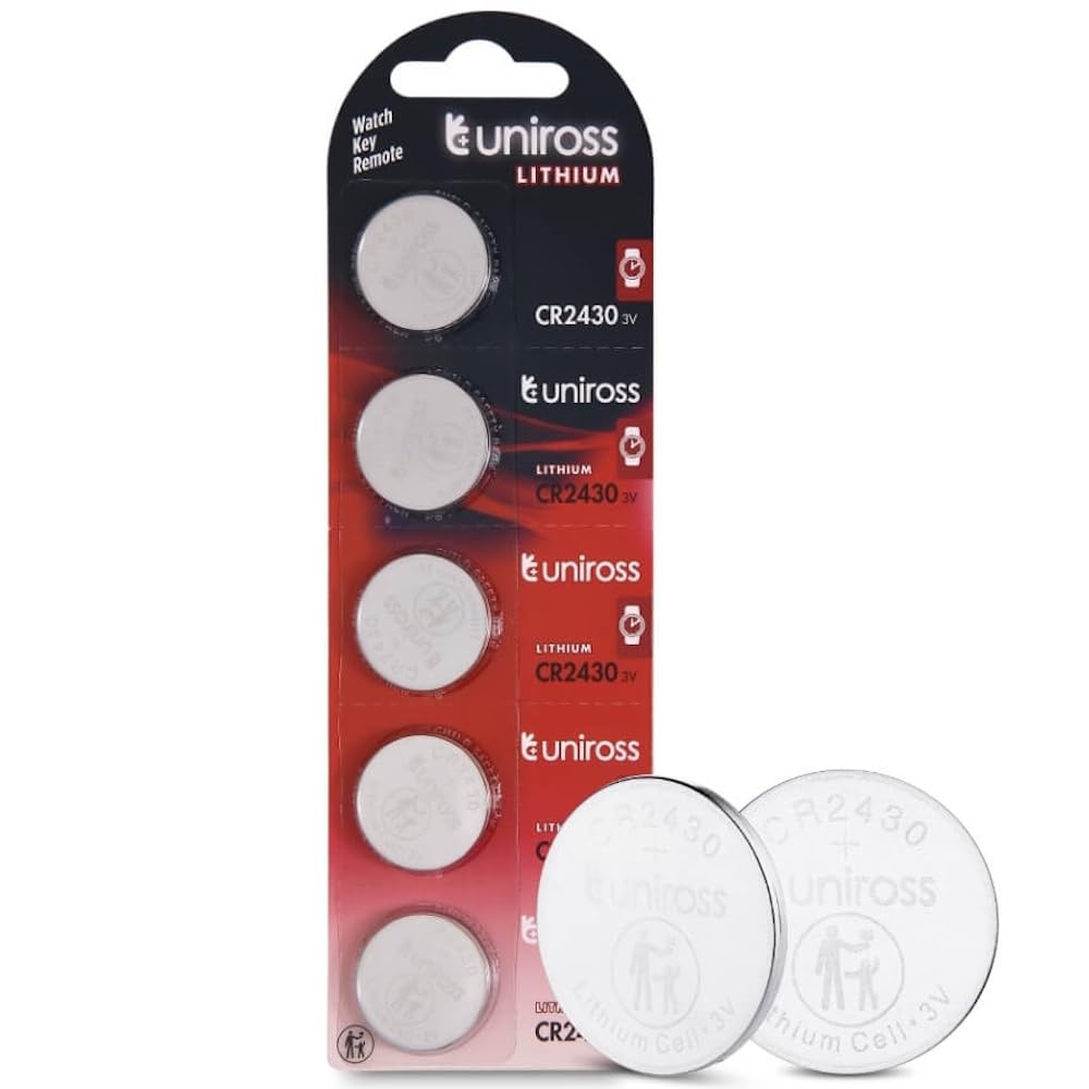 Uniross CR2430 Lithium Coin Cell Battery 3.0V Pack of 5 Batteries - Equivalent to DL2430, ECR2430