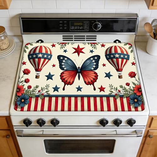 Image of Flag Floral Butterfly Stove Top Covers Pad 28 x 20 inches Dish Drying Mat Coffee Bar Mats Kitchen Decor Absorbent Pad Fit Coffee Maker Machine Dish Drying