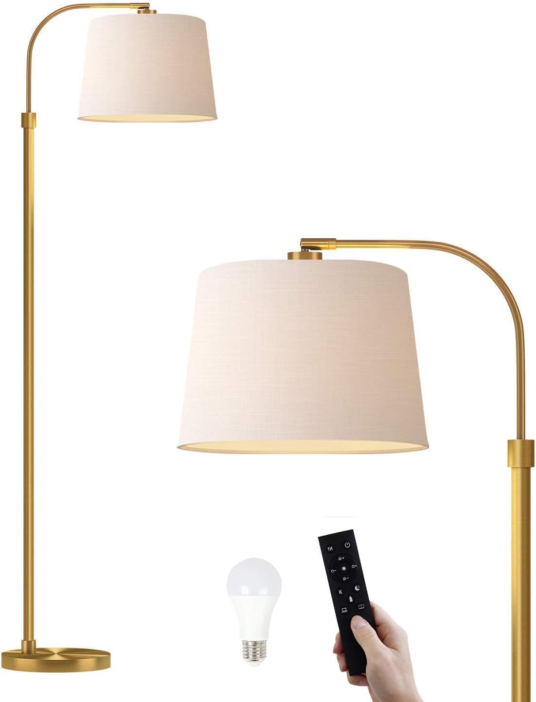 Oneach 62" Arc Floor Lamp for Living Rooms, Gold Tall Standing Lamps with Remote and Stepless Dimmable Bulb, Modern Reading Light for Bedrooms Corner Nursery Kid Office (Bulb Included) Gold - Remote Control
