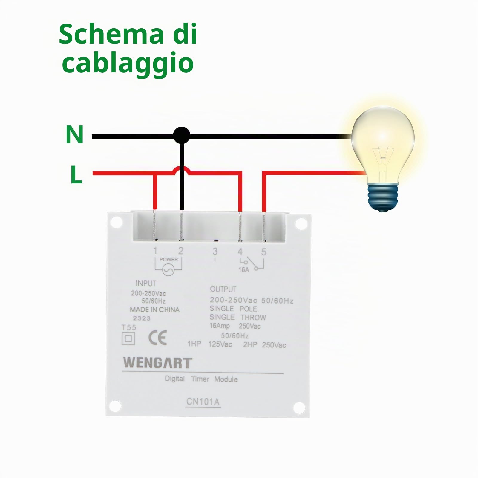 Wengart Interruttore Orario Digitale CN101, Timer Settimanale Programmabile 230V, Uscita a Contatto Pulito (Senza Tensione), LCD Display, per Luci, Pompe, Insegne e Fai-da-te, 16A, AC 230V