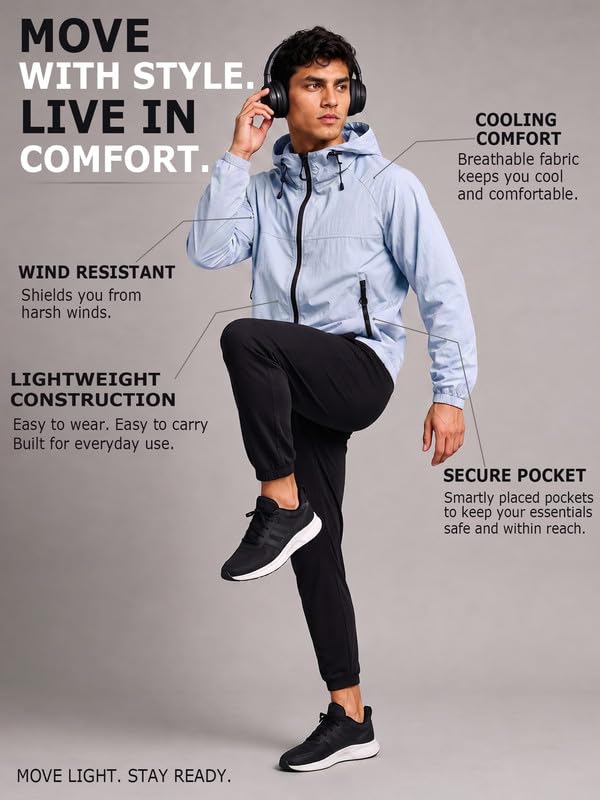 Image of CHKOKKO Windcheater Jacket For Men With Hood UPF 50+ UV Sun Protection | Lightweight Breathable Water-Repellent Windbreaker | Nylon Fabric Outdoor Running Biker Dailywear Jacket