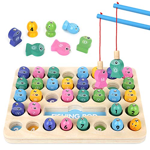 Growlier 36 PACK Wooden Magnetic Fishing Game for kid 2-4 Years Old Montessori Letters Cognition Preschool Education Gift Fine Motor Skill Toy ABC Alphabet Color Sorting Puzzle for Toddler with 2 Pole