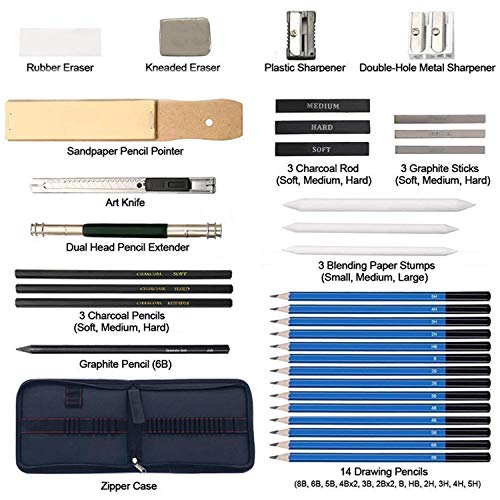 Sketch Pencils Set with Sketchbook, Tickas 35 Piece Professional Drawing Pencils with Sketch Book Kit for Kids, Teens And Adults, Artist Kit Includes Pencils, Erasers, Pastels, Travel-Friendly Case
