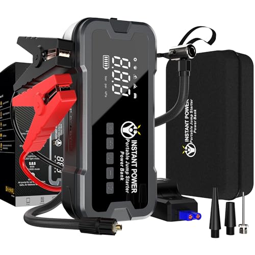 Instant Power Jump Starters – Jump Starter Power Pack and Air Compressor 4000 Amp 12 Volt – Portable Jump Starter Power Pack, Car Battery Jump Start 12-Volt Power Bank, 150PSI for Cars Vans Motorbikes