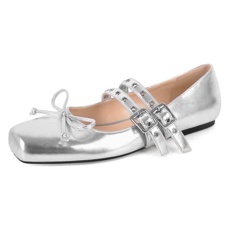 Women’s Mary Jane Flats Double Strap Buckle Ballet Shoes with Bow, Square Toe Slip On Dress Flats for Work, School, Daily Wear
