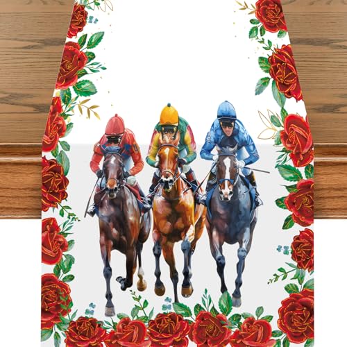 72 x 13 Inch Horse Racing Floral Table Runner – Rose and Horseshoe Table Runner with Equestrian...