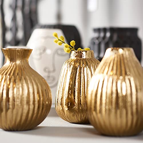 Iconic Baby Scandi Vases, Set Of 3, Vertical Geometric Pleat Pattern, Gourd Shaped, Hand Cast Aluminum, Polished Gold Finish, 4.75 H Inches, Modernist Home Desi #TOP4