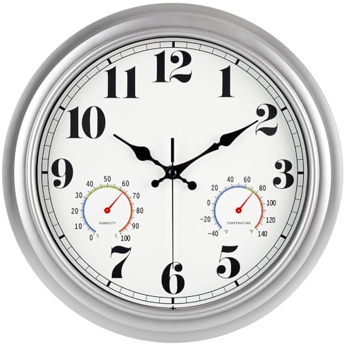 JENLYSTIME 13 Inch Outdoor Clock, Waterproof and Silent, with Thermometer and Hygrometer, Large Numbers for Easy Reading, Perfect for Home,Office,Bedroom,Kitchen,Porch,Garden,Pool(Silver)