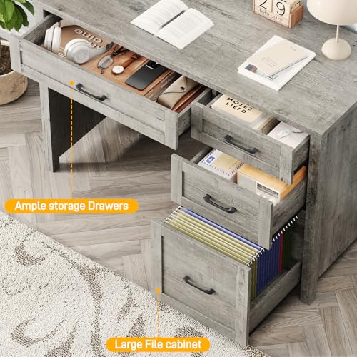 Image of Farmhouse 47 inch Executive Desk with File Drawer, Wood Computer Desk with 4 Storage Drawers, Workstation for Home Office, Study, Writing. (Grey)