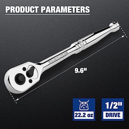 Image of WORKPRO 1 /2-Inch Drive Ratchet, Quick-Release Reversible Wrench | 72-Tooth Handle, Chrome Alloy Made, Cr-Mo Head, Full Polished