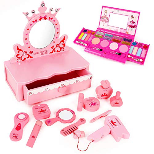 tomons Wooden Beauty Salon Play Set and Washable Makeup Kit for Girls