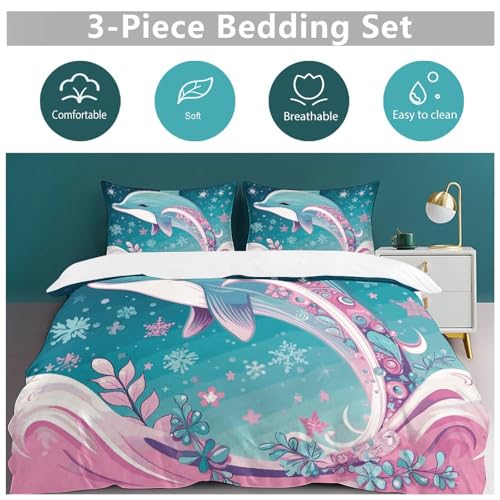 Parure de lit 3 pièces imprimé dauphin et flocon en microfibre légère pour lit 228x228 cm