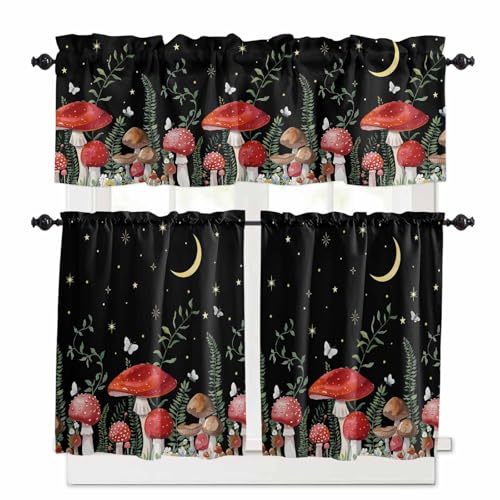 Mushrooms Black Kitchen Curtains 24 Inch Length,3 Piece Rod Pocket Small Half Tiers and Valance Set,Botanical Leaf Butterflies Country Moon Small Large Window Treatment Decor for Bedroom/Bathroom