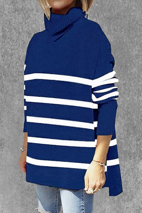 Image of Women's Turtleneck Oversized Sweaters Long Sleeve Split Hem Striped Knit Pullover Tops