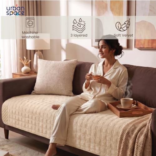 Image of Urban Space Velvet Embroidery Quilted Sofa Cover mat, Premium 2 Seater Non-Slip Sofa slipcover, Easy Care & Machine Washable, Seat Runner for Couch for Living Space (2 Seater - Cuboid Beige)