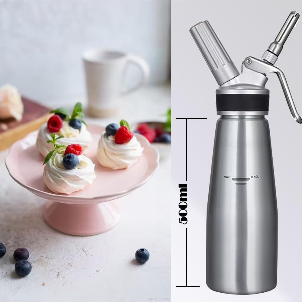 Profi Aluminum Whipped Cream Dispenser for Home Chef, Homemade Cream Maker Canister 500ml for Desserts Chocolate Gourmet
