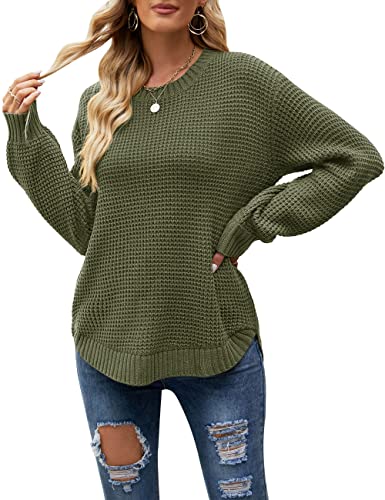 MEROKEETY Women's 2023 Fall Casual Fall Waffle Knit Sweater Long Balloon Sleeve Loose Pullover Jumper, ArmyGreen, L