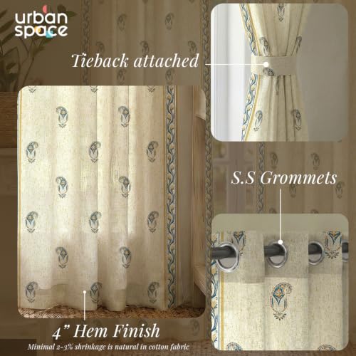 Image of Urban Space 100% Cotton Floral Curtains 7 feet Long Set of 2, 60-65% Room Darkening, Decorative Curtains with Eyelets /Rings for Hanging, Tieback Included (Jaipur Paisley Teal, Door - 7 Feet)