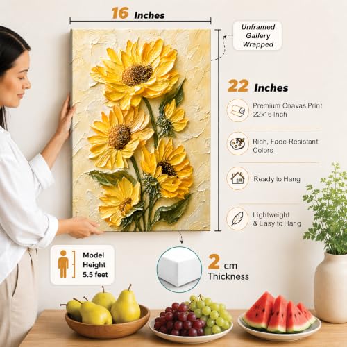 Image of PAINTINGMANTRA Textured Embossed Floral Canvas Wall Art Painting for wall decoration, Vibrant Yellow Sunflower Motifs Stretched Canvas Painting for living room, bedroom, office and Home, 16x22 Inch