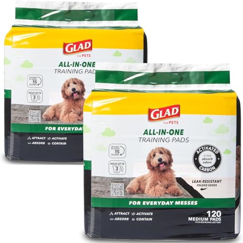 Image of Glad for Pets Black Charcoal Puppy Pads, 120 Count, 17.5 x 23.5 Inch, Charcoal Odor Neutralizing, Super Absorbent, Leak-Resistant Edges, Pheromone Attractant, Disposable - 2 Pack