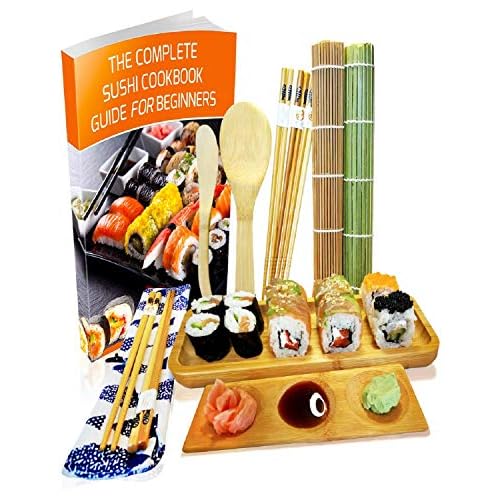 Kit de fabricación de sushi de 11 piezas – Alfombrilla de bambú para sushi y juego de servir – Haz tu propio sushi en casa – 2 alfombrillas, 5 pares de palillos con bolsa, pala, esparcidor, plato de