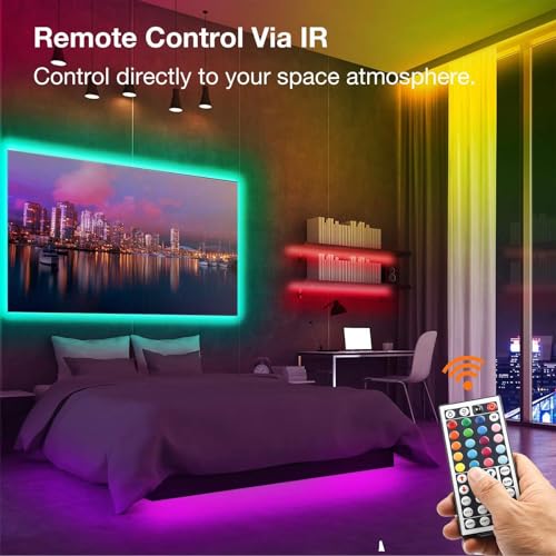 Image of VOLIVO 50ft Led Strip Lights for Bedroom, Color Changing Led Light Strips Kit with Bluetooth App Control and IR Remote, RGB Music Sync Lighting for Room, Home Decor