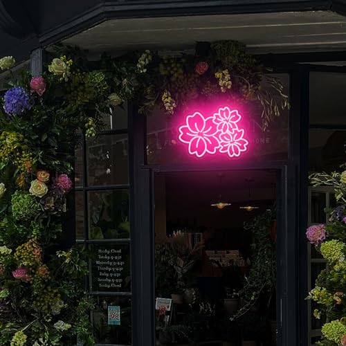 Image of Cherry Flower Neon Sign For Wall Decor Studio Room Led Lights, Beautiful Pink Draw Decor Neon Signs Aesthetic Operated Light For Door Decorations, Drawing Room Gifts Accessories Neon Sign