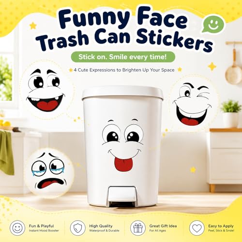 Image of 4Pcs Funny Trash Garbage Can Stickers-6.8in x 8.3in Cute Toilet Lid Decal Sticker,Adhesive Cartoon Expressions Sticker for Kitchen Fridge Bucket,Decorative Wall Stickers Indoor Outdoor,Type A