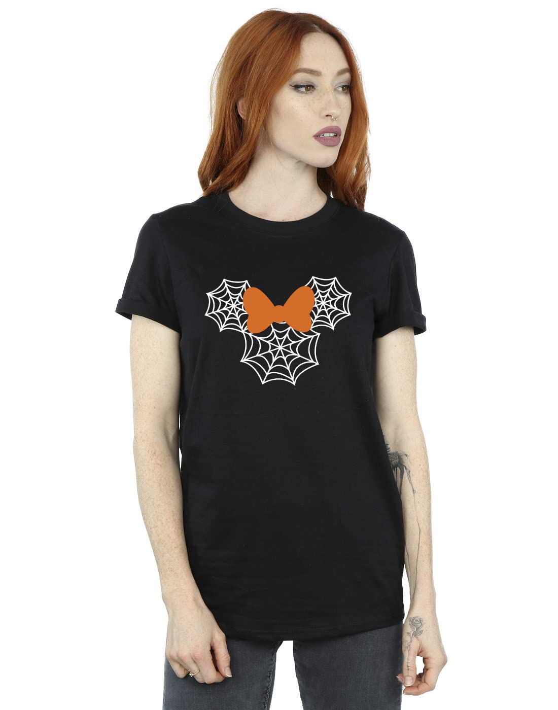 Absolute Cult Women's Black Disney Minnie Mouse Spider Web Head Boyfriend Fit T-Shirt Small
