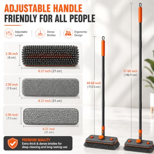 Image of 4 in 1 Long Handle Bathroom Floor Cleaning Brush with Wiper 360 Rotating Brush with 3 Interchangeable Heads - Hard Bristle Brush, Scouring Pad & Microfiber Mop for Bathroom, Kitchen, Tiles & Walls