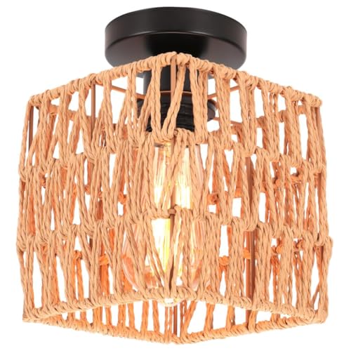 DLGLOLIN Plafonnier en Rotin Vintage Lampe de Plafond Carré Tissage Abat-jour E27 Éclairage Luminaire Boheme Suspension Lustre pour Salon Chambre Cuisine