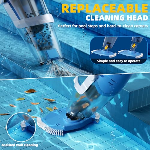 Cordless Pool Vacuum with Telescopic Pole, 26.5 gallons/min Powerful Suction, Handheld Rechargeable Swimming Pool Cleaner with 1H Running Time, Pool Vacuum for Above/In Ground Pools, Spas, Hot Tubs