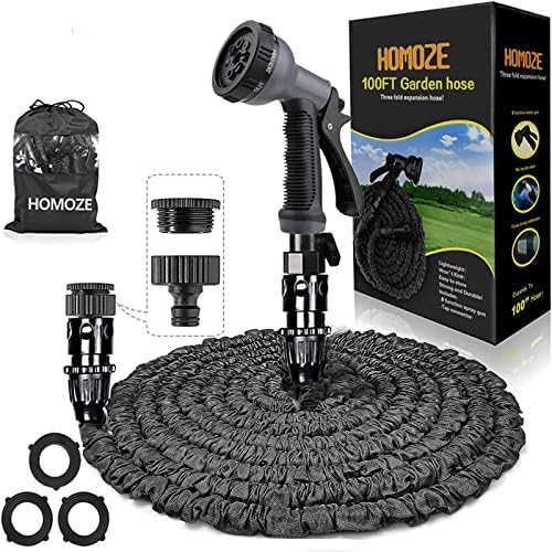 HOMOZE Expanding Hose Pipe, Expandable Garden Hose 100ft with 8 Function Spray Gun, Flexible Hose Pipe with 3/4",1/2" Anti-Leakage Fittings/Quick Connection (Black)