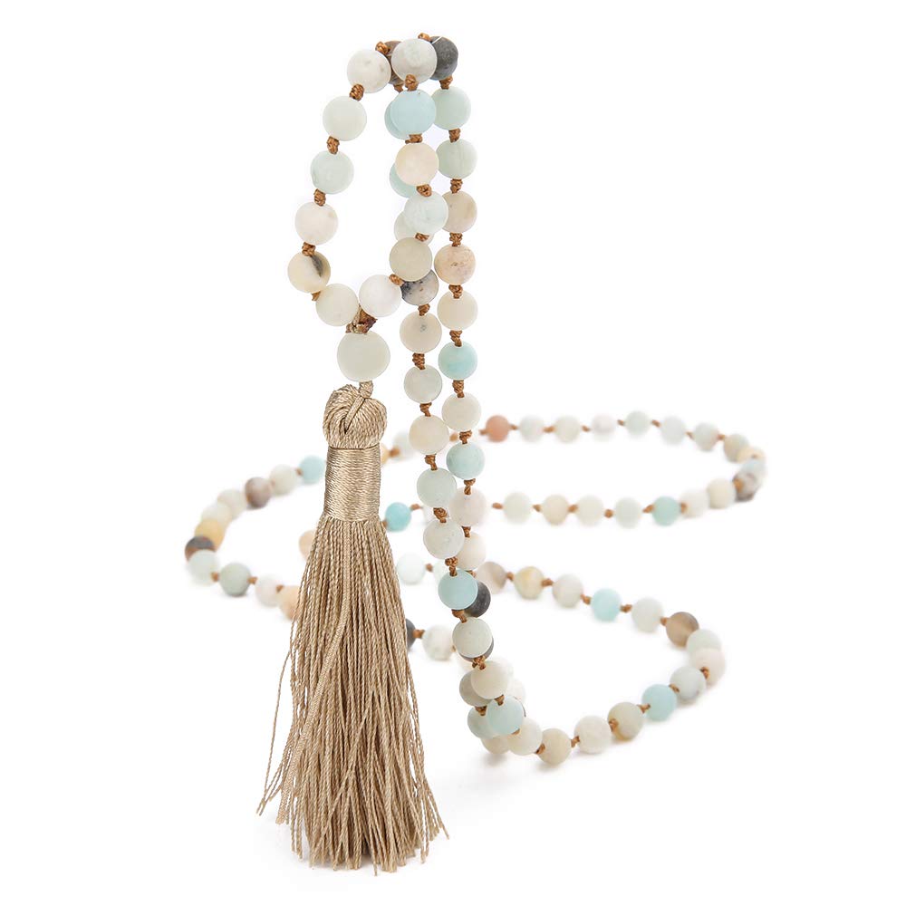 OAIITE6MM Mala Beads Necklace Natural Amazonite Stone Meditation Statement Necklace Japa Yoga Rosary Prayer Charm Beaded Tassel Necklace