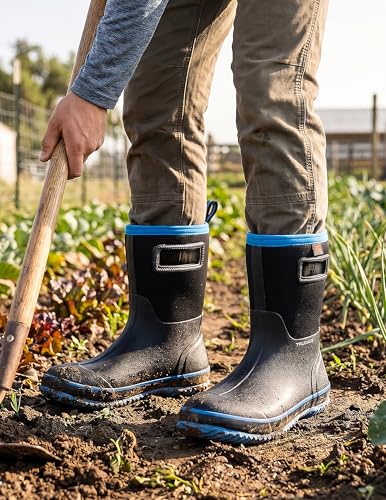 Image of Trudave Rubber Rain Boots for Men, Neoprene Waterproof Rain Boots, Mid Calf All-Season Mud Boots, Insulated Warm Outdoor Work Shoes for Hunting, Gardening, Farming, Yard Working