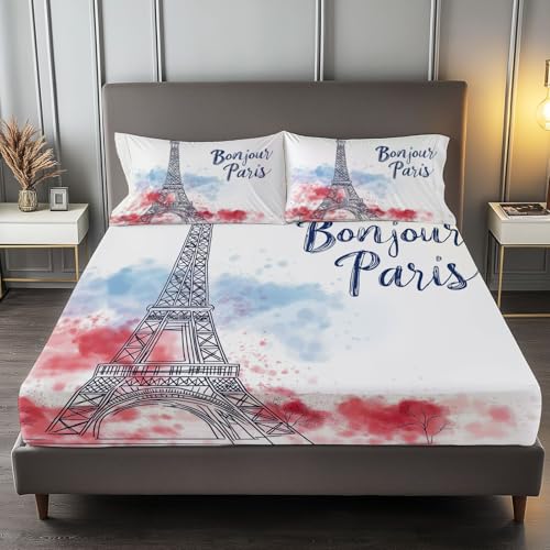 Fitted Sheet Full Size Bedding Set for Kids Girls Women Men Room Decor, Soft Microfiber & Deep Pocket & Wrinkle Free Watercolor Iron Tower Bedding Sheets, Red Blue