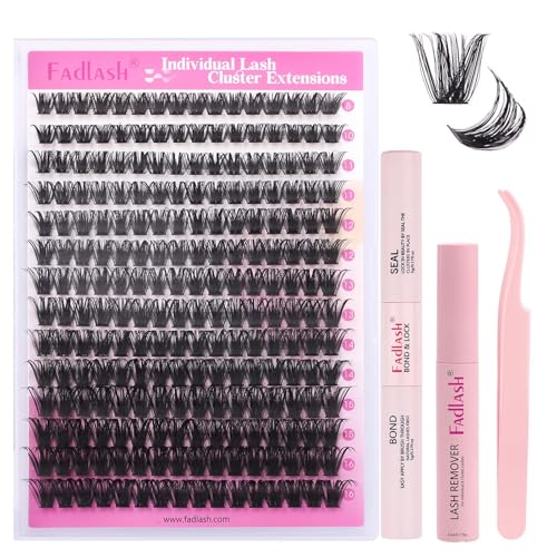 FADLASH 100D 0.07mm D Curl 8-16mm with Bond and Seal, Remover and Tweezers Fluffy Wispy Cluster Lashes DIY Eyelash Extensions