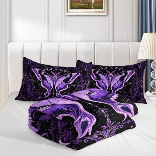 Image of AILONEN Full Comforter Set 3 Piece, Purple Moth Moon Botanical 3D Printed Bedding with 2 Pillowcases, Soft Breathable Microfiber Gothic Decor for Guest Room