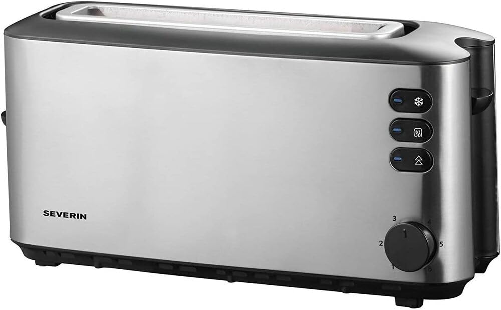 SEVERIN Automatik-Langschlitztoaster, Automatik-Toaster mit Brötchenaufsatz, aus Edelstahl, zum Toasten, Auftauen und Erwärmen, 1.000 W, Edelstahl-gebürstet/schwarz, AT 2515